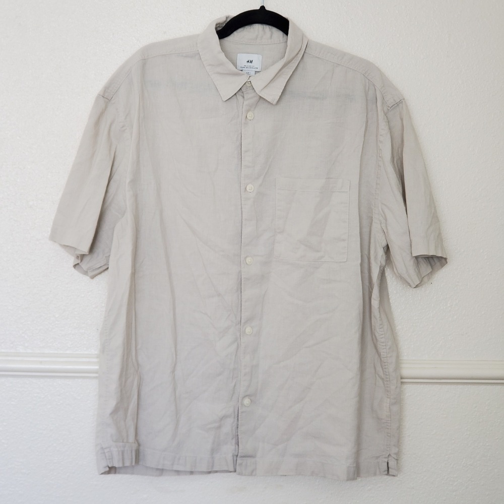 HM Mens Relaxed Fit Linen Blend Short Sleeve Button Down Shirt Beige Large
